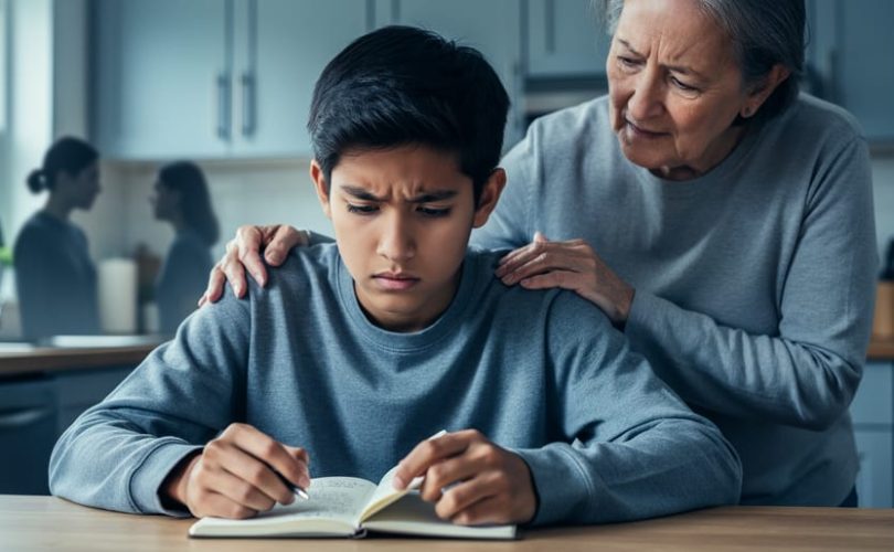 A young child sitting at a kitchen table with a supportive parent’s hand on their shoulder, depicted with a quiet, somber atmosphere that reflects mental health stigma and the need for help.