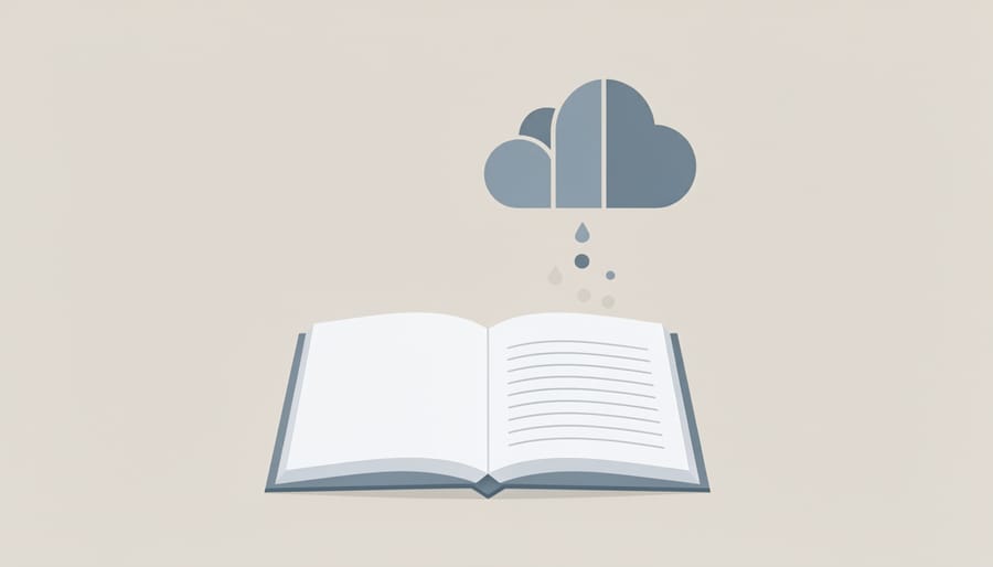 An open notebook on a desk with a pencil and a small clay cloud figure near a sunlit window.