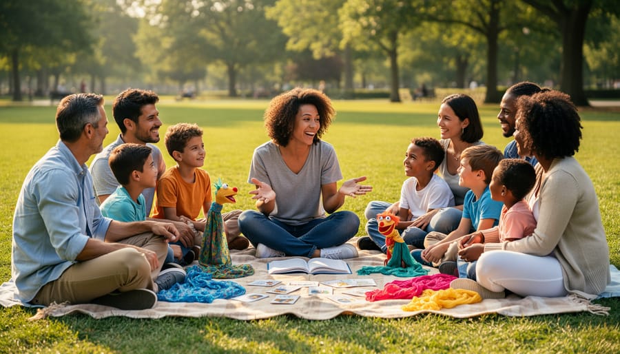 A diverse group of youth and caregivers gathered outdoors in a circle during a storytelling activity, with warm golden-hour lighting.