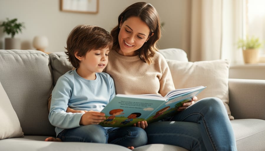 Parent and child sitting together on the floor, reading a picture book in a calm living room
