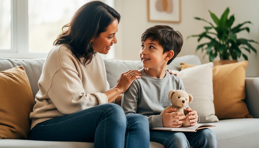 Parent and child coloring together on a couch during a calming, supportive moment at home.