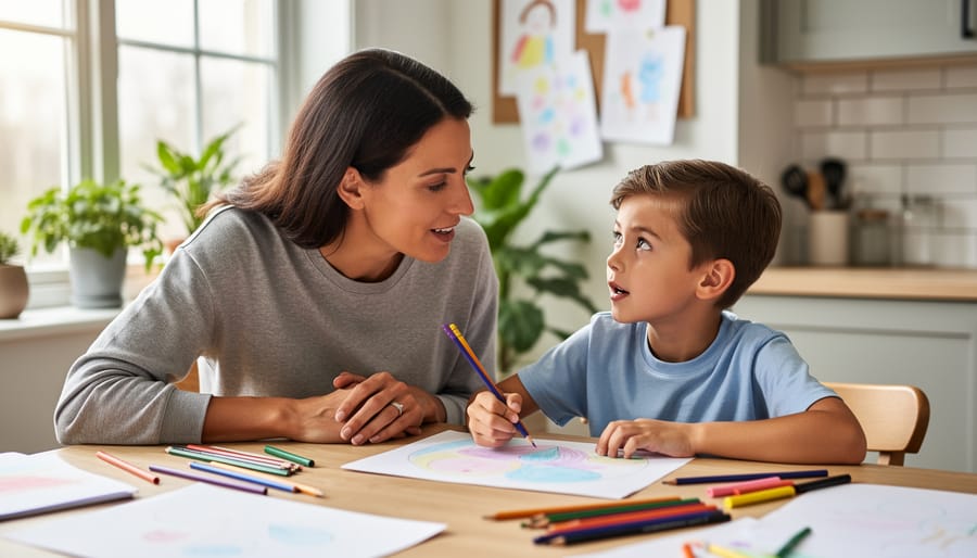 A parent and child sitting together at home, with the child holding a sketchbook while the parent listens supportively.