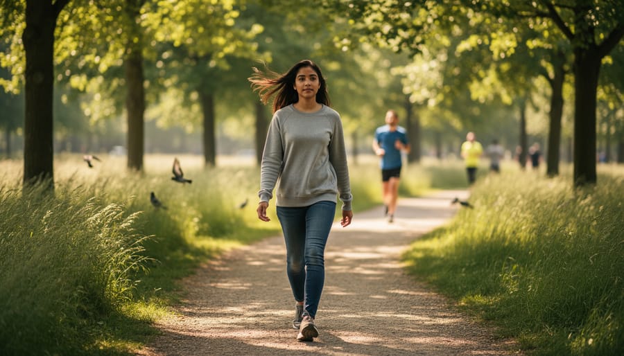 A parent and child walking outdoors together on a path with greenery, suggesting healthy coping through movement.