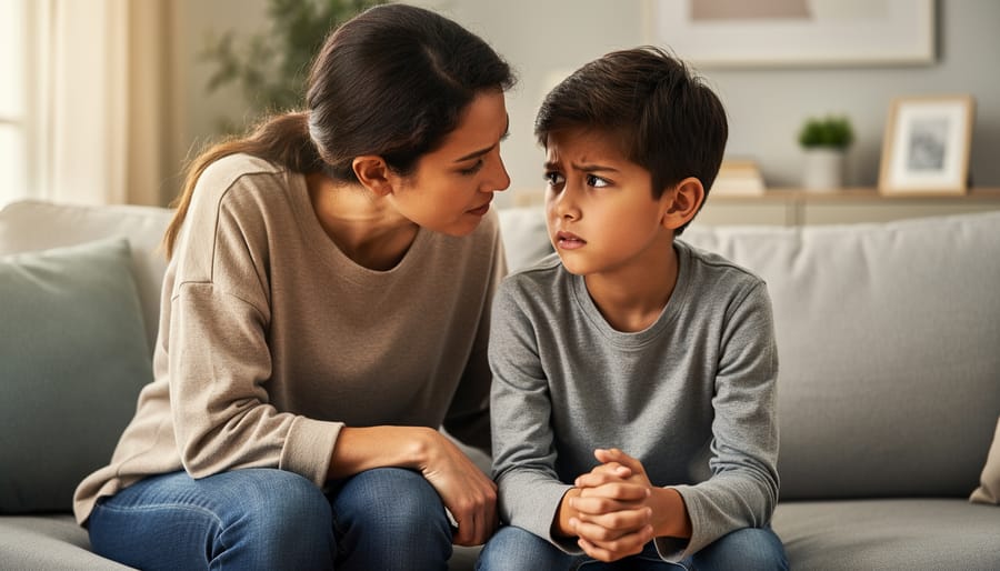 A parent sits beside a worried child at a kitchen table in a calm, supportive moment.