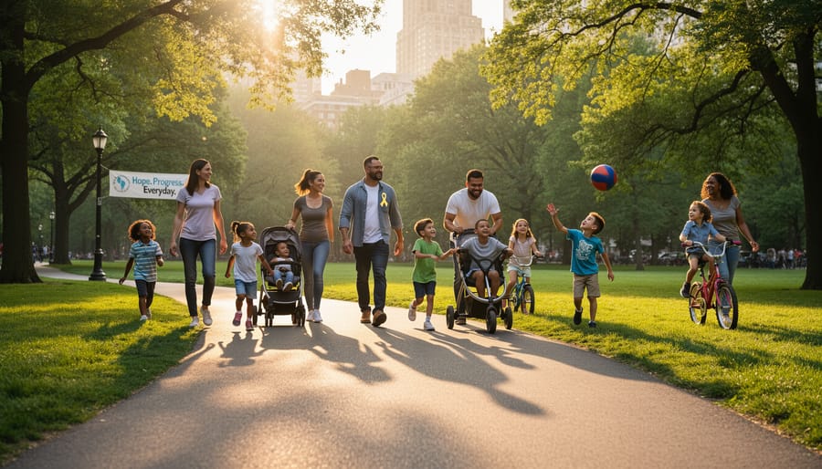 Child and parent walking together along a park path during golden hour with warm sunlight and greenery in view.