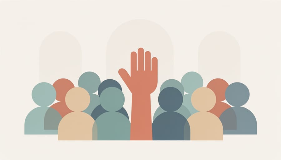 Raised hand holding a small ribbon or paper heart in a community gathering