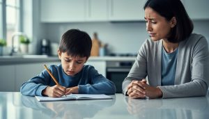 Child doing schoolwork at a kitchen table with worried body language while a parent sits nearby offering reassurance in soft natural light.