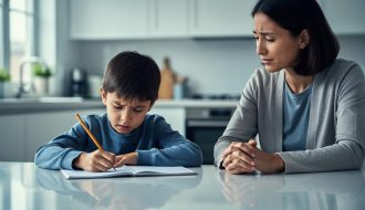 Child doing schoolwork at a kitchen table with worried body language while a parent sits nearby offering reassurance in soft natural light.
