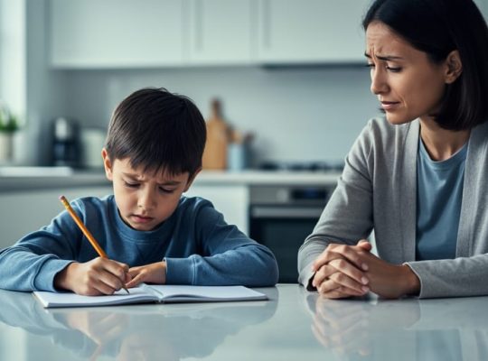 Child doing schoolwork at a kitchen table with worried body language while a parent sits nearby offering reassurance in soft natural light.