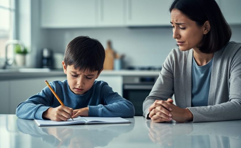 Child doing schoolwork at a kitchen table with worried body language while a parent sits nearby offering reassurance in soft natural light.