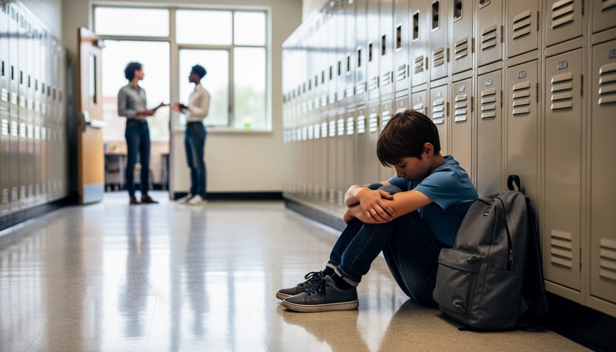 A child sitting in a school hallway with a parent nearby, suggesting a need for understanding and support