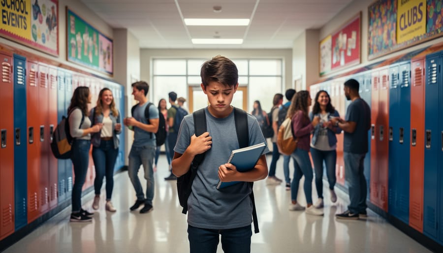 A child standing in a school hallway looking tense and withdrawn while holding a backpack strap