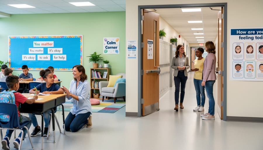 Teacher and students standing together in a school hallway
