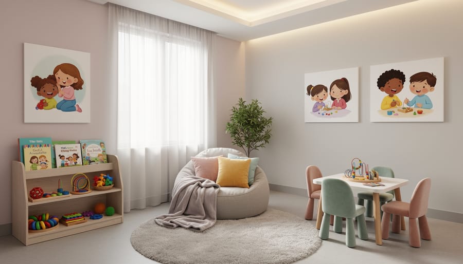Sensory-friendly room with toys and resting noise-reducing headphones in a quiet space