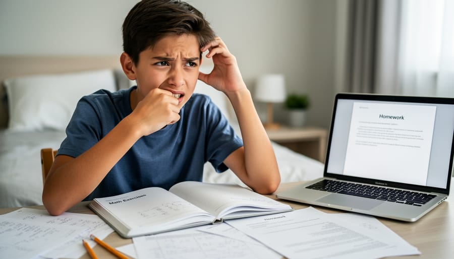 Teen at a desk with schoolwork, gripping a pencil and looking overwhelmed, with stress ball and phone nearby.