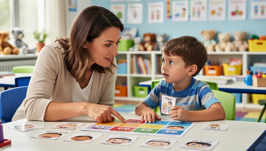 Child and teacher in a quiet classroom corner practicing emotional regulation with simple, non-text learning materials