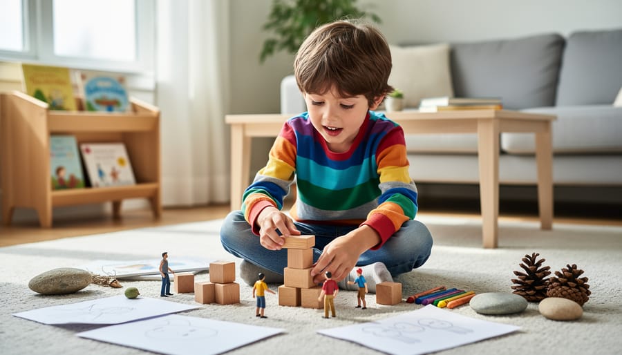 Child crouching at a low table using doll figures and fabric props for imaginative play