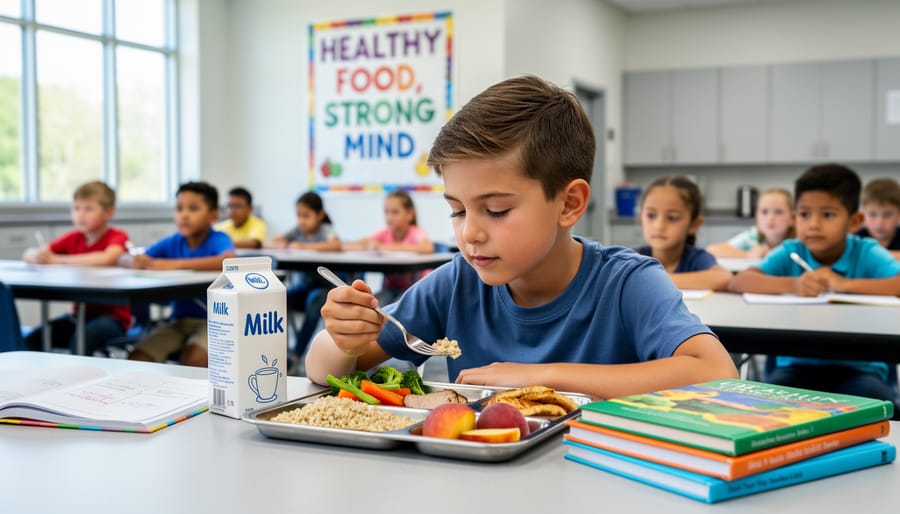 Child holding a spoon over a bowl of lentils and greens with a caregiver nearby in a softly blurred school setting.