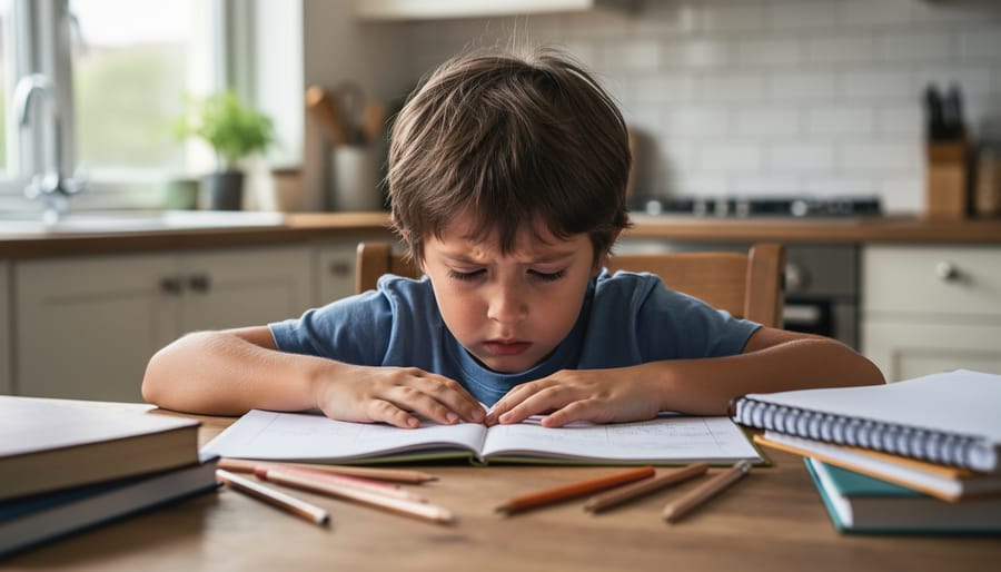 Child sitting at a kitchen table clutching a school notebook with a worried expression