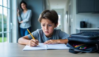 Child sitting at a kitchen table with school supplies, looking worried, while a parent stands nearby in a softly blurred background.