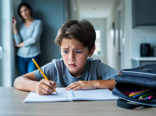 Child sitting at a kitchen table with school supplies, looking worried, while a parent stands nearby in a softly blurred background.