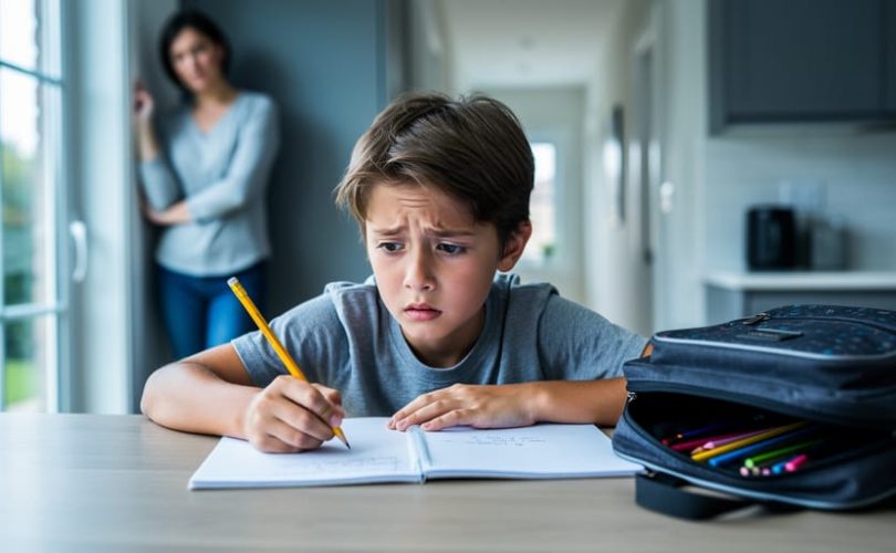 Child sitting at a kitchen table with school supplies, looking worried, while a parent stands nearby in a softly blurred background.