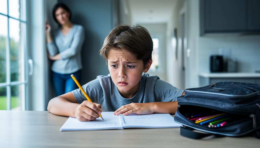 Child sitting at a kitchen table with school supplies, looking worried, while a parent stands nearby in a softly blurred background.