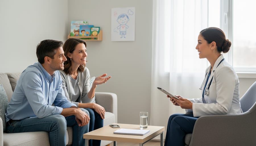 Clinician and parents having a calm discussion in an office meeting room