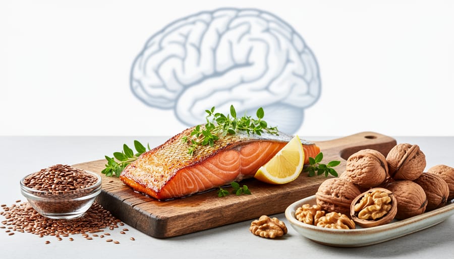 Close-up of salmon, flaxseed, and walnuts on a wooden surface.
