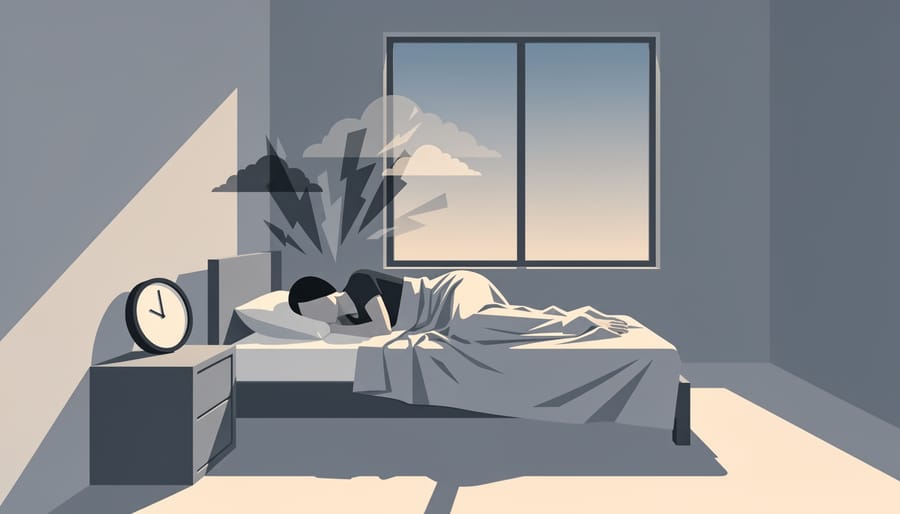 Empty child’s bedroom at dusk with rumpled bedding and cool twilight shadows