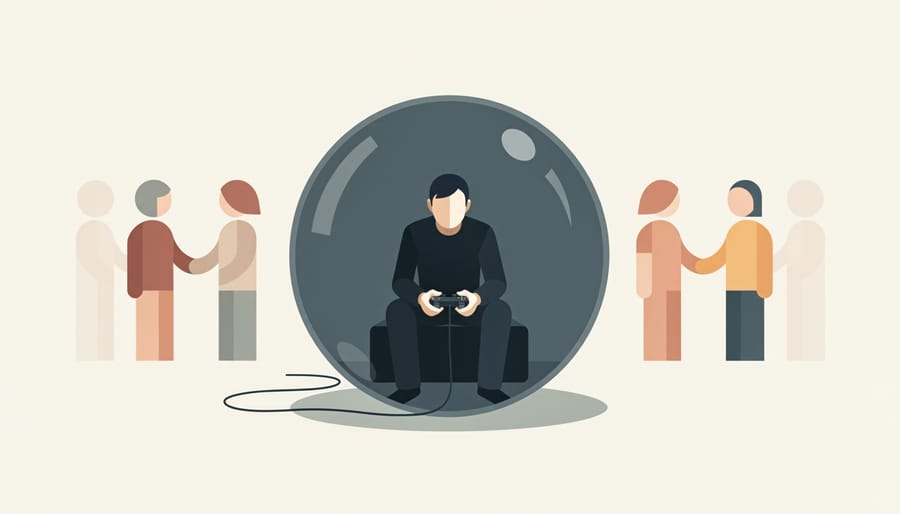 Empty gaming setup with headphones and controller untouched, suggesting isolation and withdrawal from social interaction