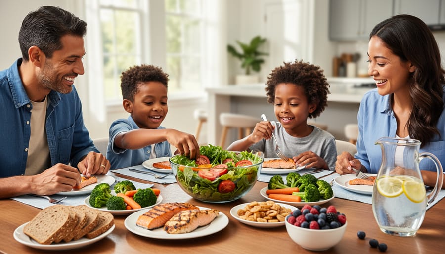Family preparing a nutritious meal with vegetables, berries, and salmon at a kitchen table.
