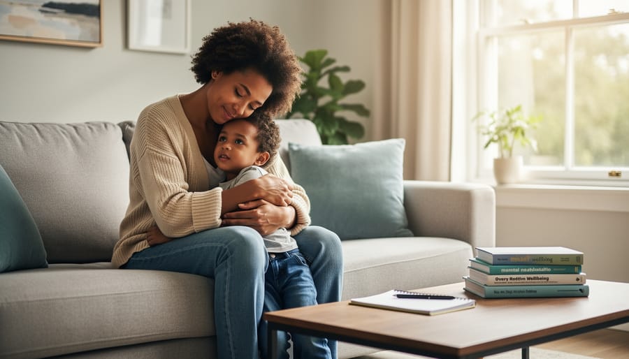 Family sitting together at home with a child reviewing a notebook while a parent provides support