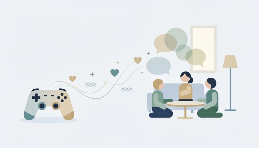 Game controller placed near a notebook and pen on a coffee table, suggesting reflective conversation about gaming