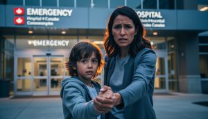 Parent holding a child’s hand outside a modern Canadian hospital entrance at dusk, suggesting guidance during a mental health crisis.