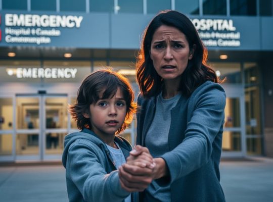 Parent holding a child’s hand outside a modern Canadian hospital entrance at dusk, suggesting guidance during a mental health crisis.