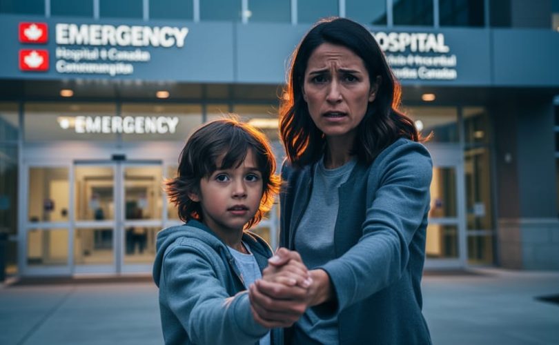 Parent holding a child’s hand outside a modern Canadian hospital entrance at dusk, suggesting guidance during a mental health crisis.