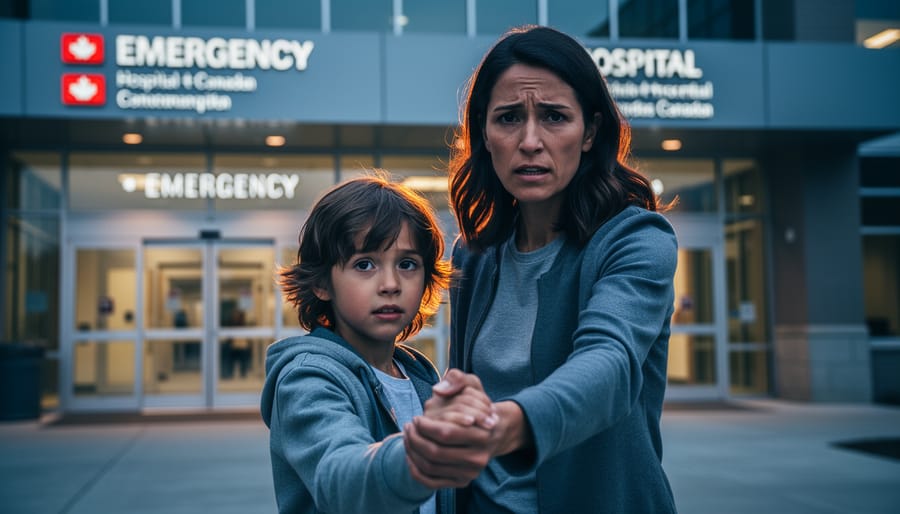Parent holding a child’s hand outside a modern Canadian hospital entrance at dusk, suggesting guidance during a mental health crisis.