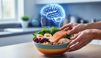 Parent’s hands adding healthy foods to a bowl in a bright kitchen, with a soft light-trail brain silhouette in the blurred background representing nutrition and brain development.