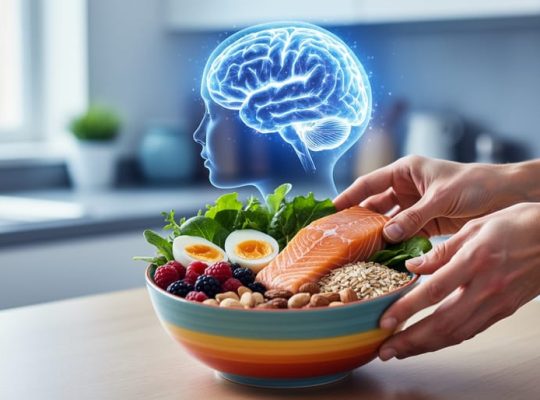 Parent’s hands adding healthy foods to a bowl in a bright kitchen, with a soft light-trail brain silhouette in the blurred background representing nutrition and brain development.