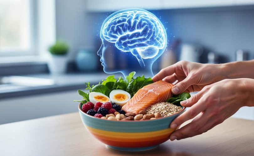 Parent’s hands adding healthy foods to a bowl in a bright kitchen, with a soft light-trail brain silhouette in the blurred background representing nutrition and brain development.