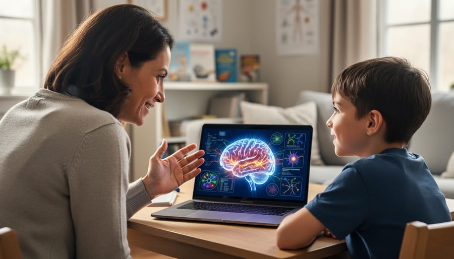 Parent and child looking at a tablet showing an animation while discussing learning together
