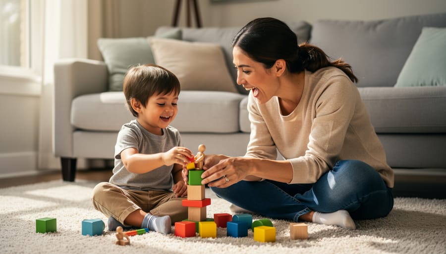 Parent and child sitting together and watching a video game with supportive, attentive expressions