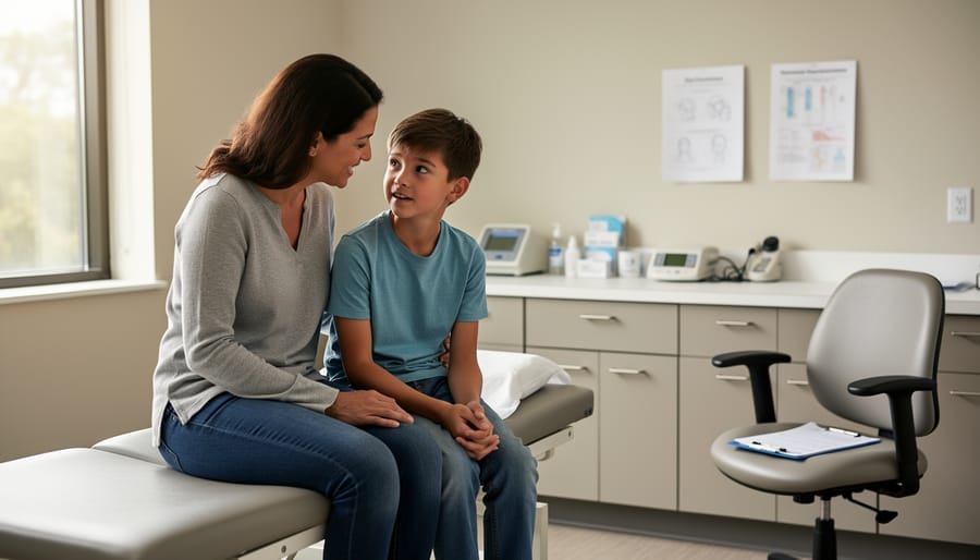 Parent and child sitting together in a clinic consultation room looking calm and supported