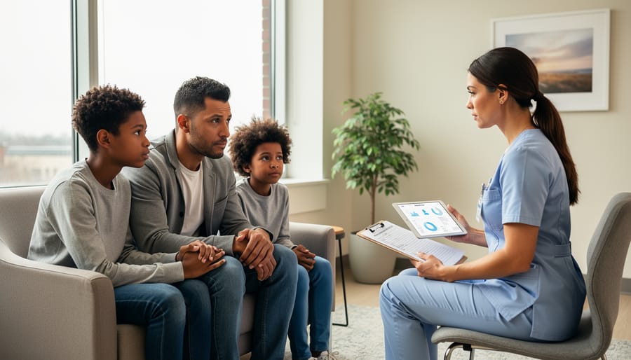 Parent and teen seated in a hospital hallway while waiting for a consultation