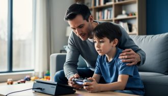Parent and child sitting together in a living room, the child focused on a video game console while the parent provides supportive, attentive guidance.