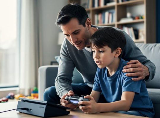 Parent and child sitting together in a living room, the child focused on a video game console while the parent provides supportive, attentive guidance.
