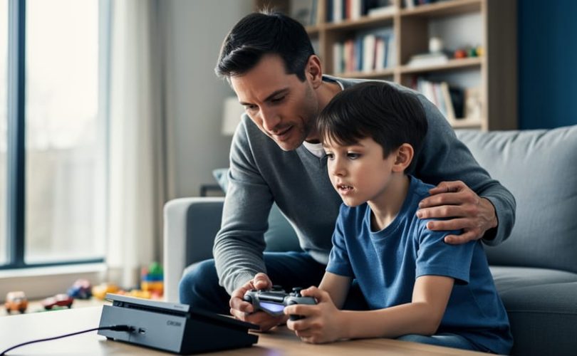 Parent and child sitting together in a living room, the child focused on a video game console while the parent provides supportive, attentive guidance.