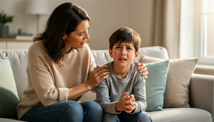 Parent gently reassuring a child on a couch in a living room