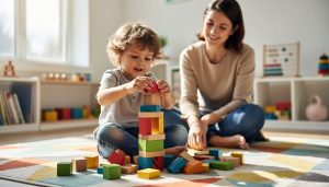 A young child rebuilds a collapsing block tower while a parent or teacher observes during play, illustrating learning through experimentation.